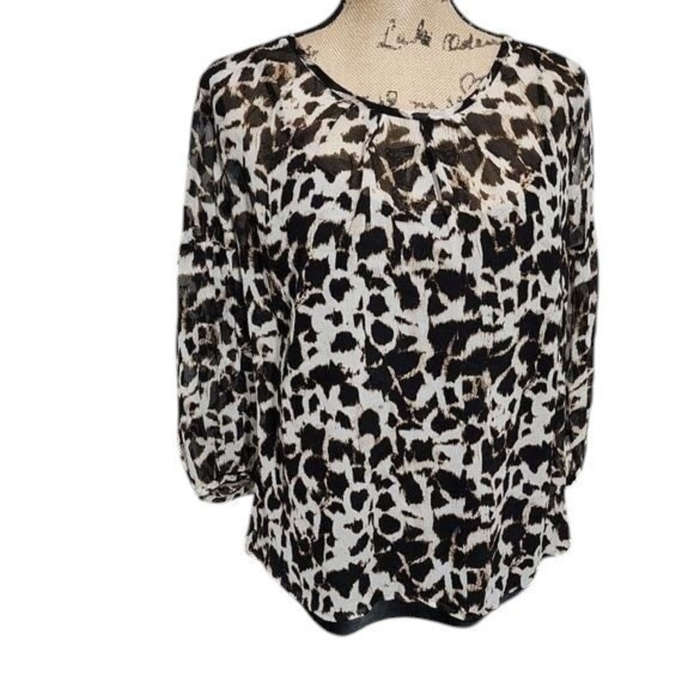 Talbots‎ Animal Print Blouse Lightweight Black 3/4 Sleeve Top Silk 12P Petite